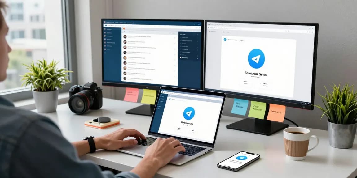 Engaging with the Telegram Web Version at a modern office workspace with tech gadgets and vibrant atmosphere.