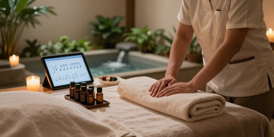 Tranquil spa setting highlighting 용산출장마사지 with soft lighting, essential oils, and a relaxing ambiance.