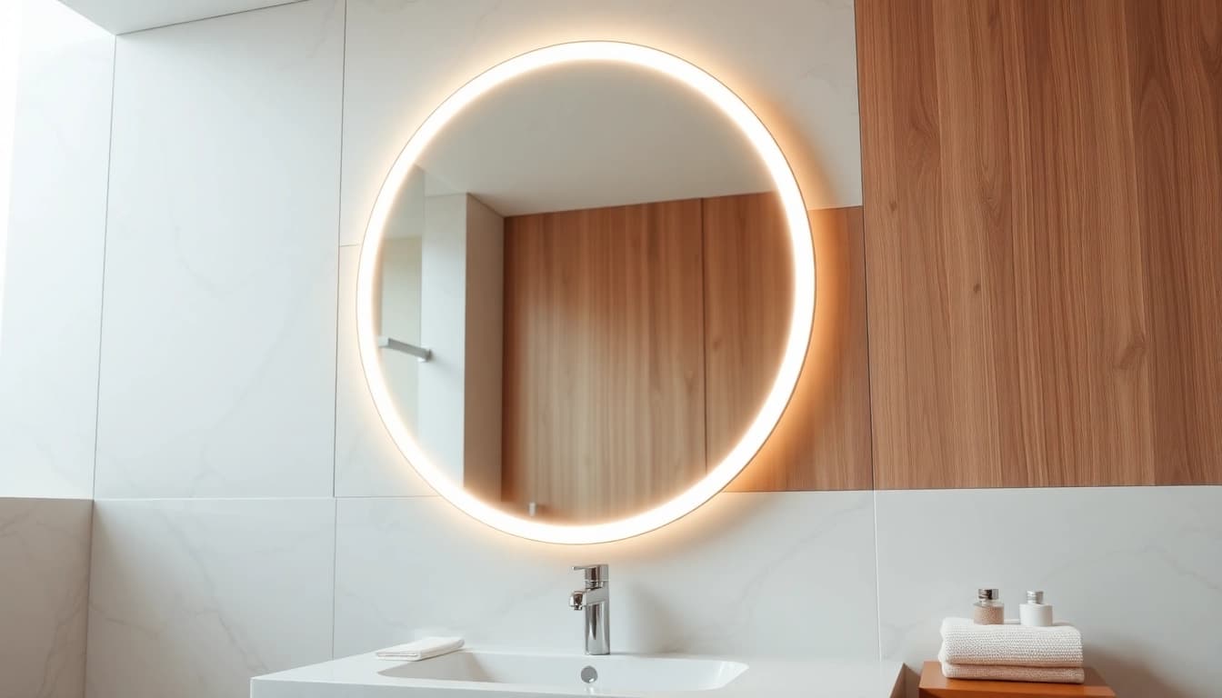 Enhance your space with stylish mirror and led lights illuminating a modern bathroom.