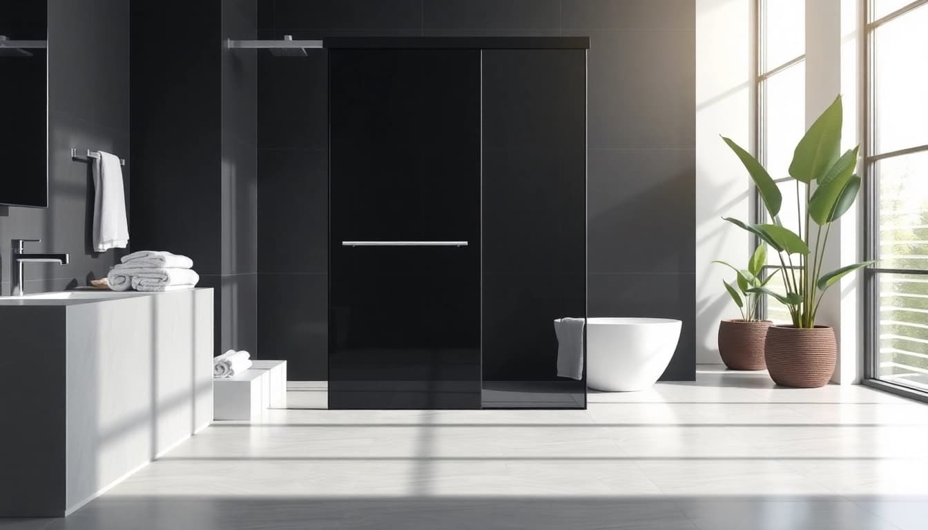 Install a black shower sliding door in a modern bathroom to elevate its style and functionality.