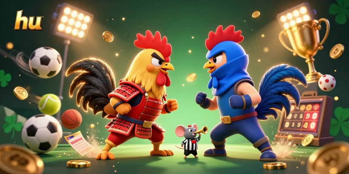 Engage in thrilling action with hu, featuring fierce roosters in dramatic standoff amidst sports elements.
