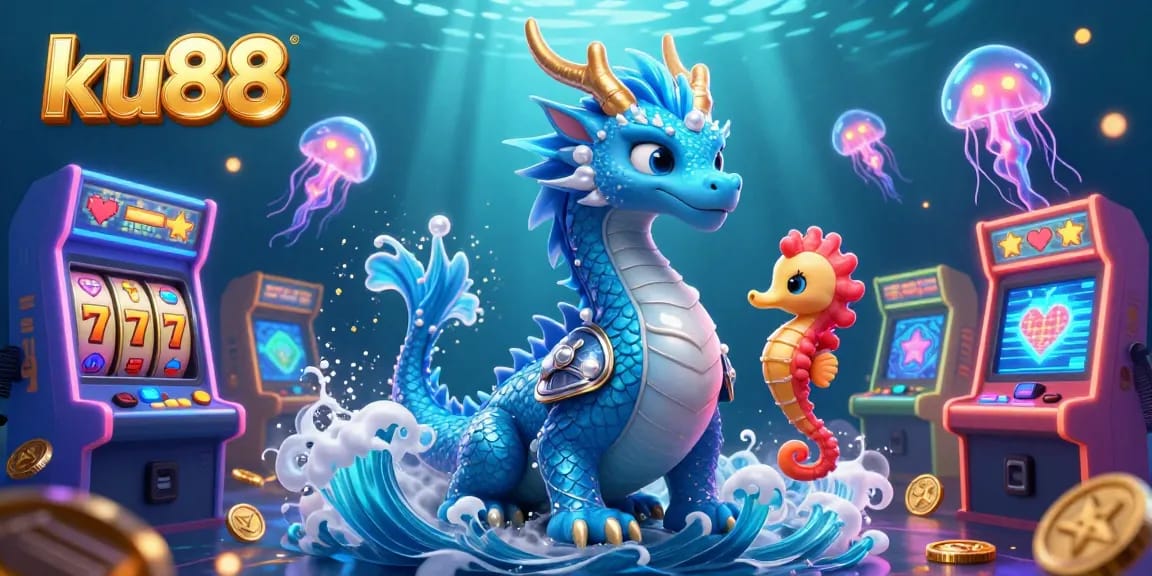 Engage in spectacular gaming at ku88 with a vibrant underwater scene featuring captivating characters and slot elements.