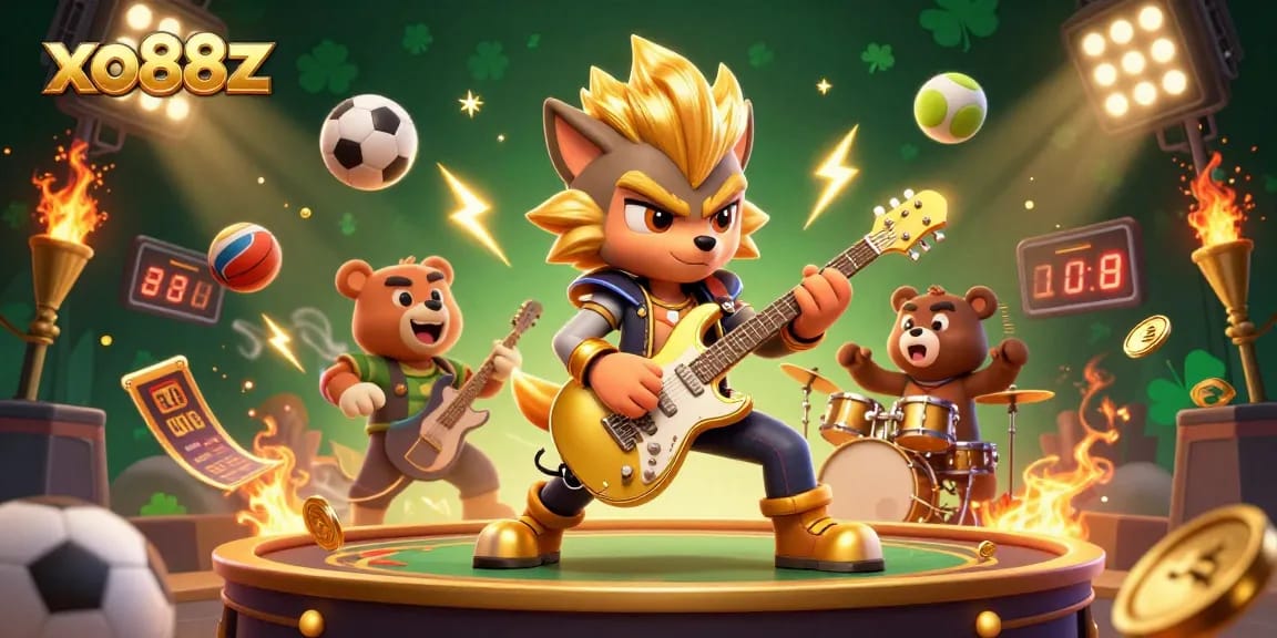 Engage with exciting casino action featuring xo88z as a lively cartoon rock star and characters.