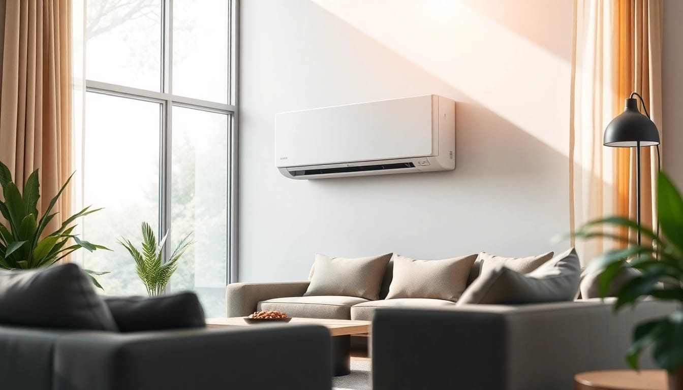 Highlighting the energy-efficient mini split ac in a stylish living room environment.