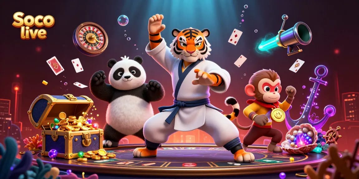 Win big with Soco live's animated scene featuring dynamic gambling elements.