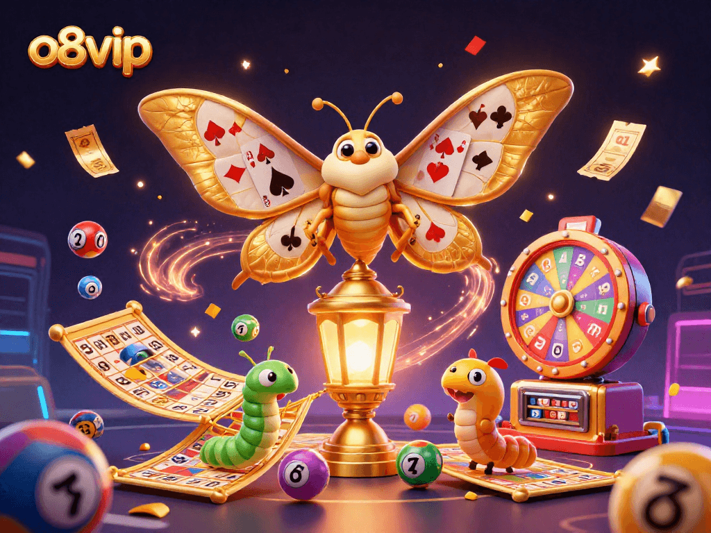 Play exciting games at o8vip, showcasing vibrant balls, golden tickets, and a majestic moth in a casino scene.