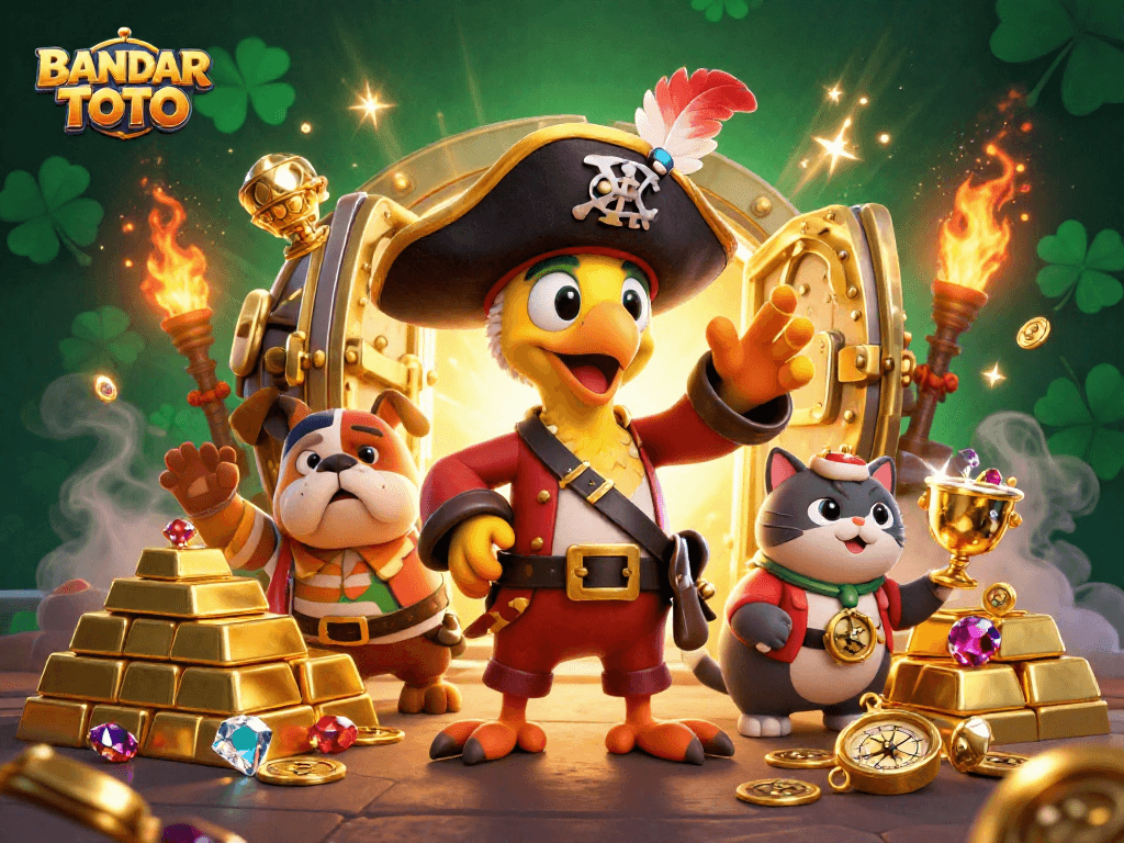 BANDAR TOTO pirates celebrating jackpot wins with treasure in an enchanting casino setting.