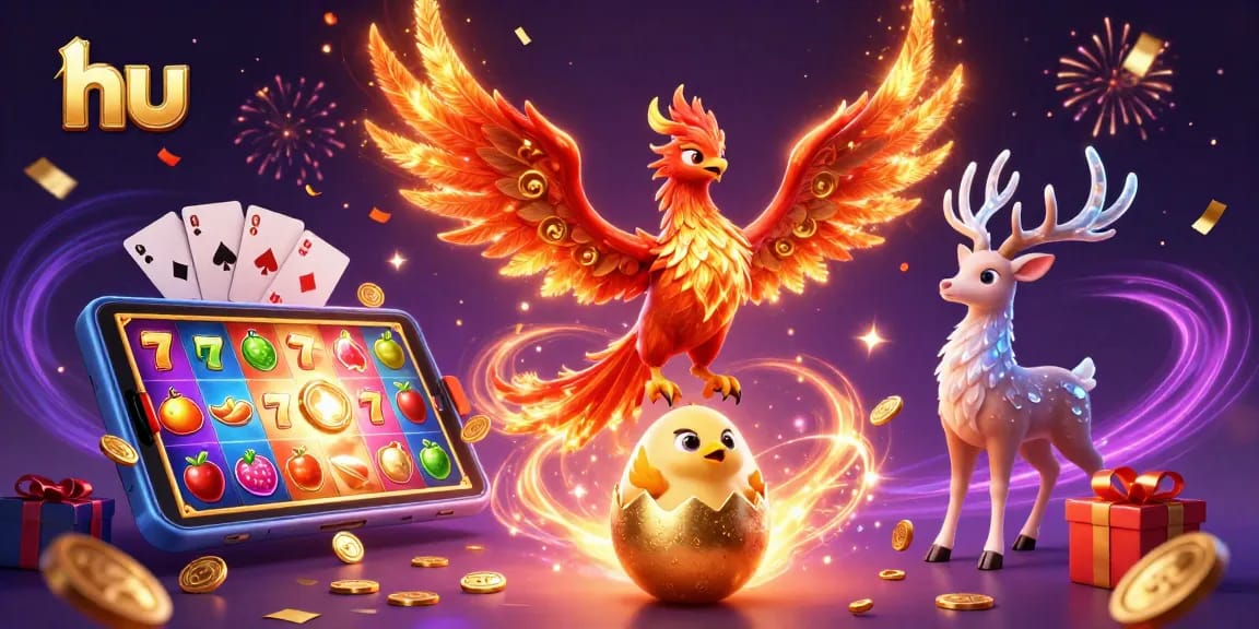Experience exhilarating gaming with hu as a fire phoenix and baby hatch amid casino symbols and rewards.