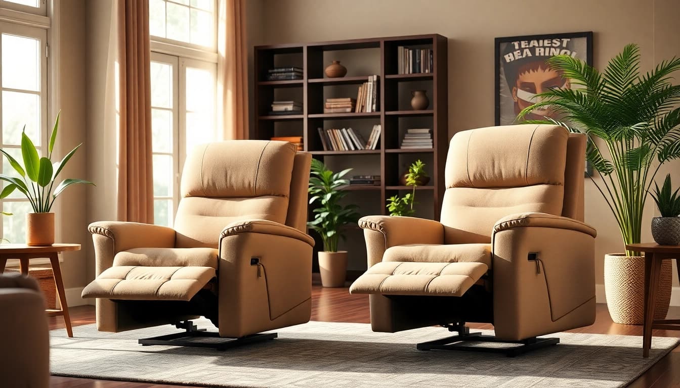 Comfortable power lift recliners in a cozy living room setting for relaxation.
