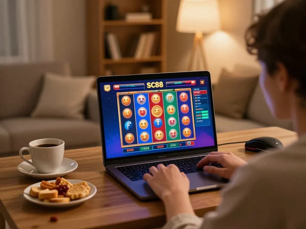 Engaged player exploring diverse SC88 gaming options on a laptop in a cozy home setting.