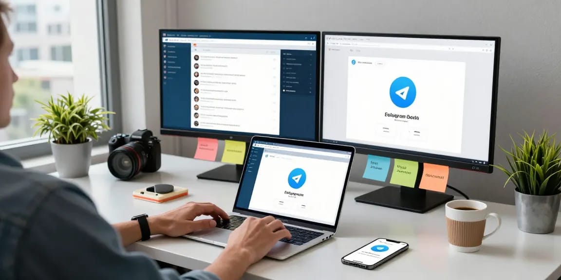 Engaging with the Telegram Web Version at a modern office workspace with tech gadgets and vibrant atmosphere.