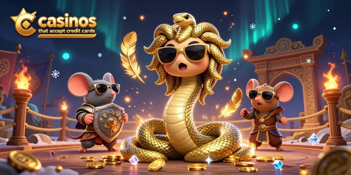Join dynamic Medusa and a warrior mouse at vibrant casinos that accept credit cards, featuring golden decorations.