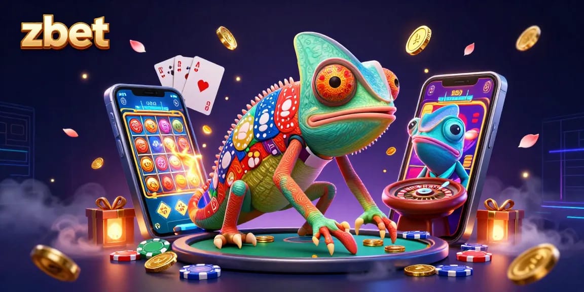 Experience the thrill of zbet with a colorful 3D casino scene of a chameleon owner and vibrant slot games.