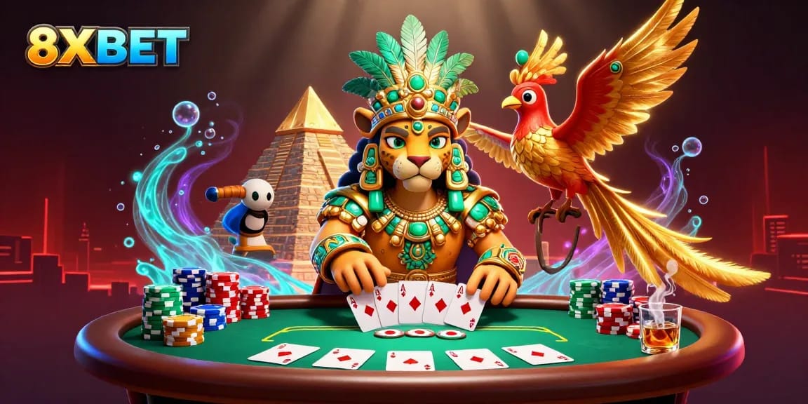 Experience thrilling casino action with 8XBET featuring a Mayan jaguar priest and poker excitement.
