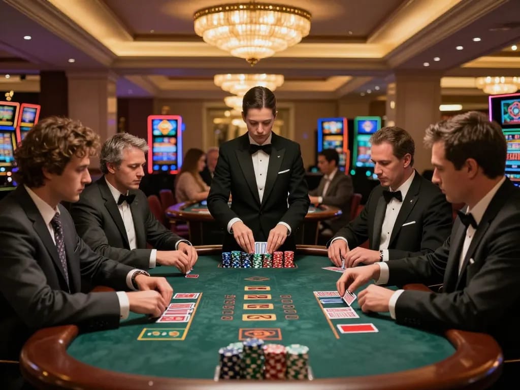 Players strategically placing bets at the nn88 blackjack table in a luxurious casino atmosphere.