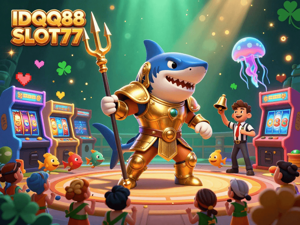 Experience the thrill of IDQQ88 SLOT77 with a fierce tiger shark in a vibrant underwater casino scene.