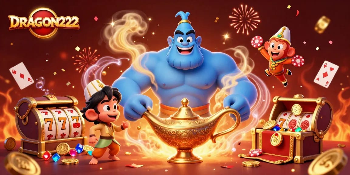 Spin to win with DRAGON222 as a genie and monkey bring casino magic to life.