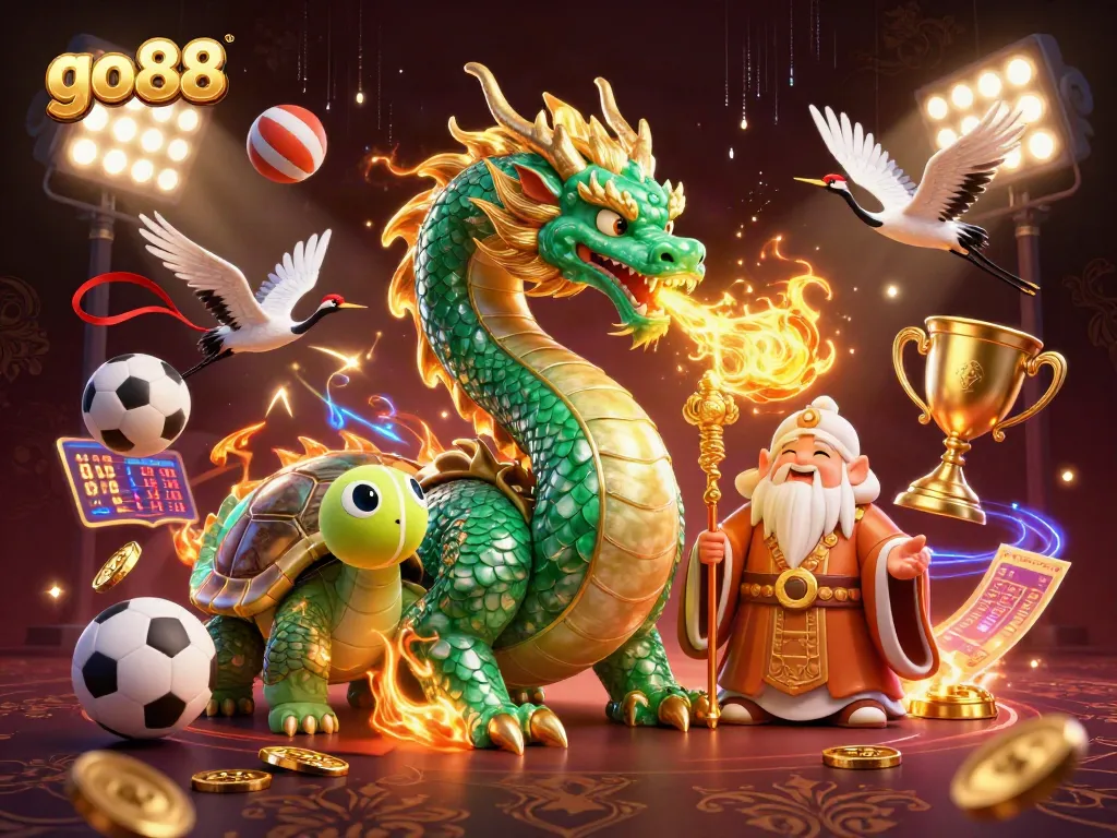Engage with go88's immersive 3D dragon and turtle illustration showcasing dynamic casino elements and lucky symbols.