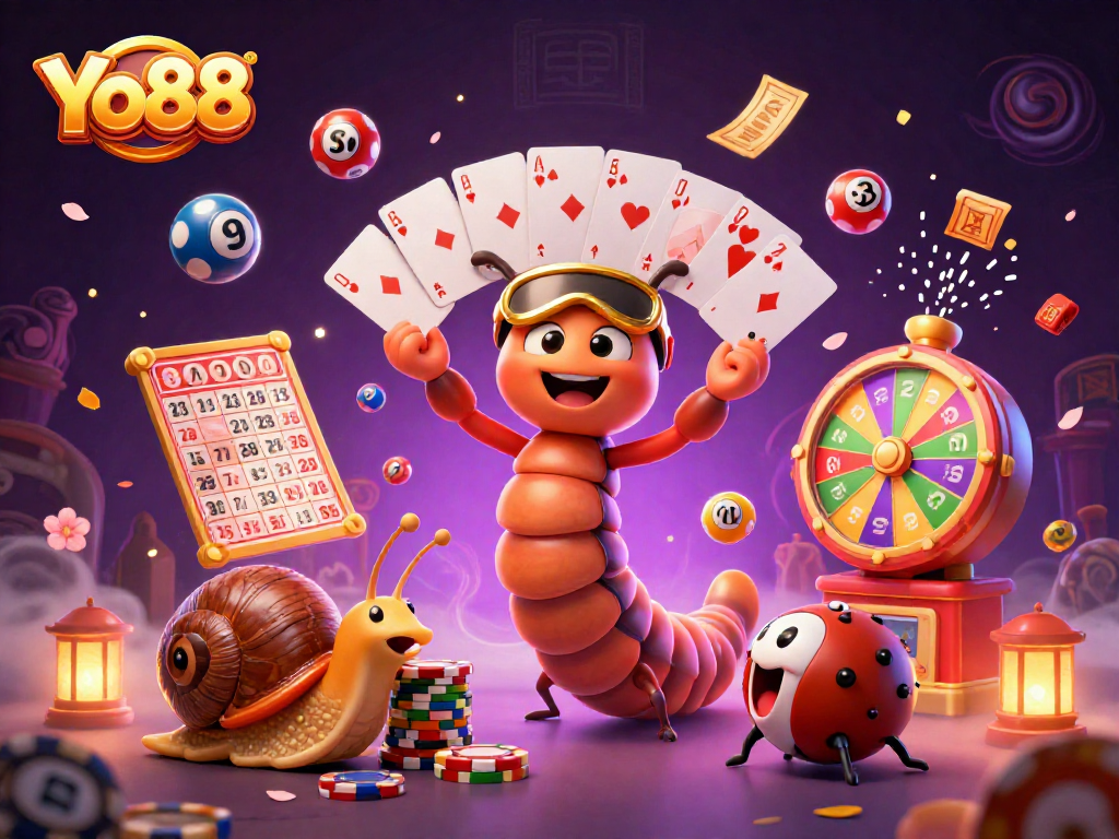 Experience the excitement of Yo88 with a vibrant 3D casino illustration featuring dynamic characters and games.