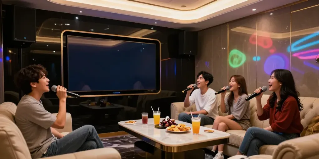 강남 달토에서 친구들과 함께 노래 부르는 프리미엄 가라오케 룸의 활기찬 모습