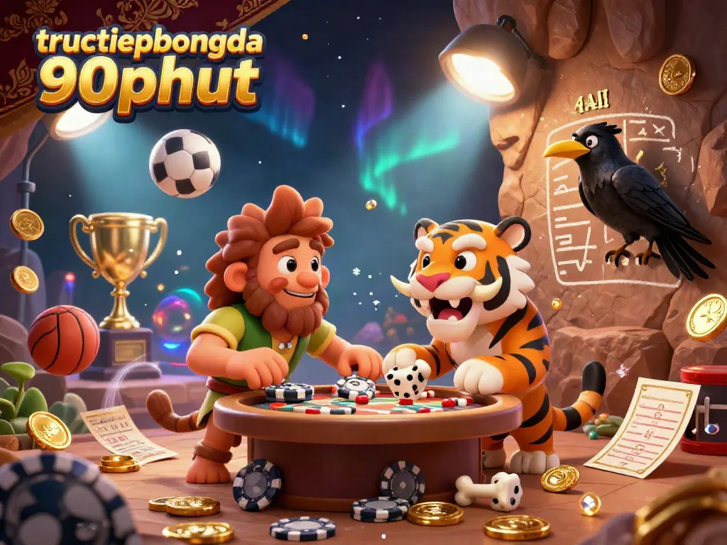 Experience tructiepbongda 90phut with playful caveman and tiger managing a vibrant prehistoric casino.