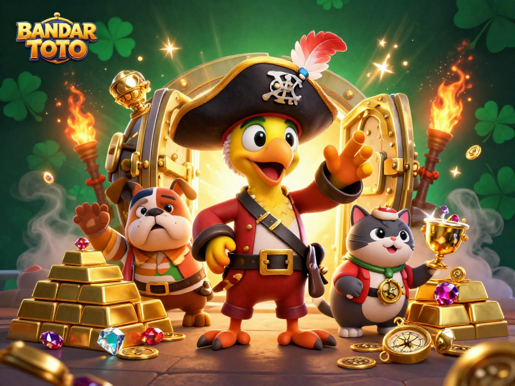 BANDAR TOTO pirates celebrating jackpot wins with treasure in an enchanting casino setting.