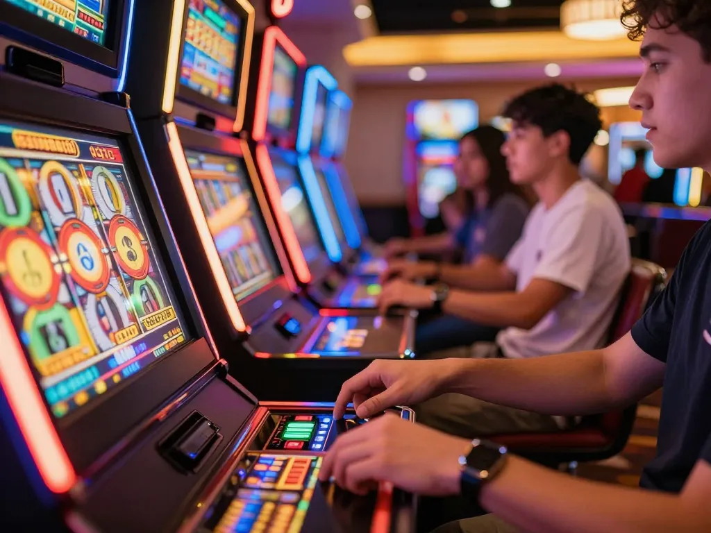Players enjoying slot machines, tapping screens to spin reels in a bustling casino.