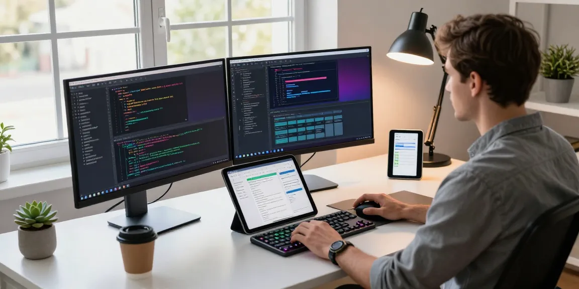 Developer coding in a modern workspace at the WPS Official Website, featuring multiple screens and a tech-focused atmosphere.