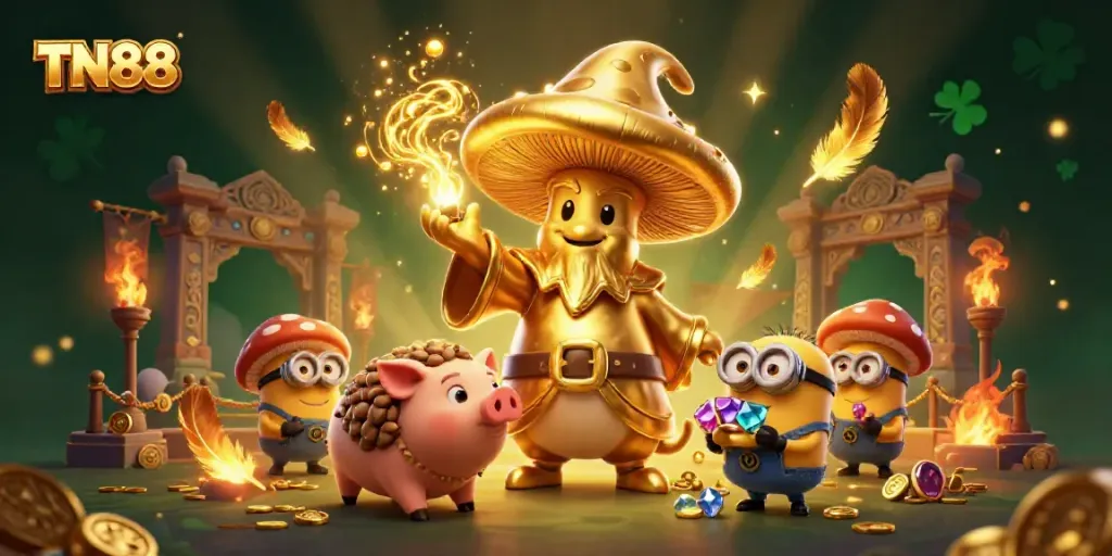 Experience the magic of TN88 with a golden mushroom wizard in a vibrant casino scene.