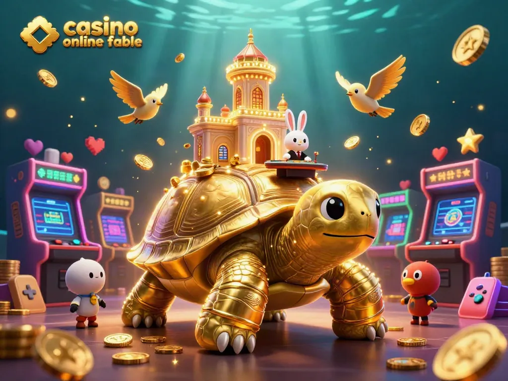 Juega en el casino online fiable con esta ilustración colorida de tortuga dorada y tragamonedas en su caparazón.