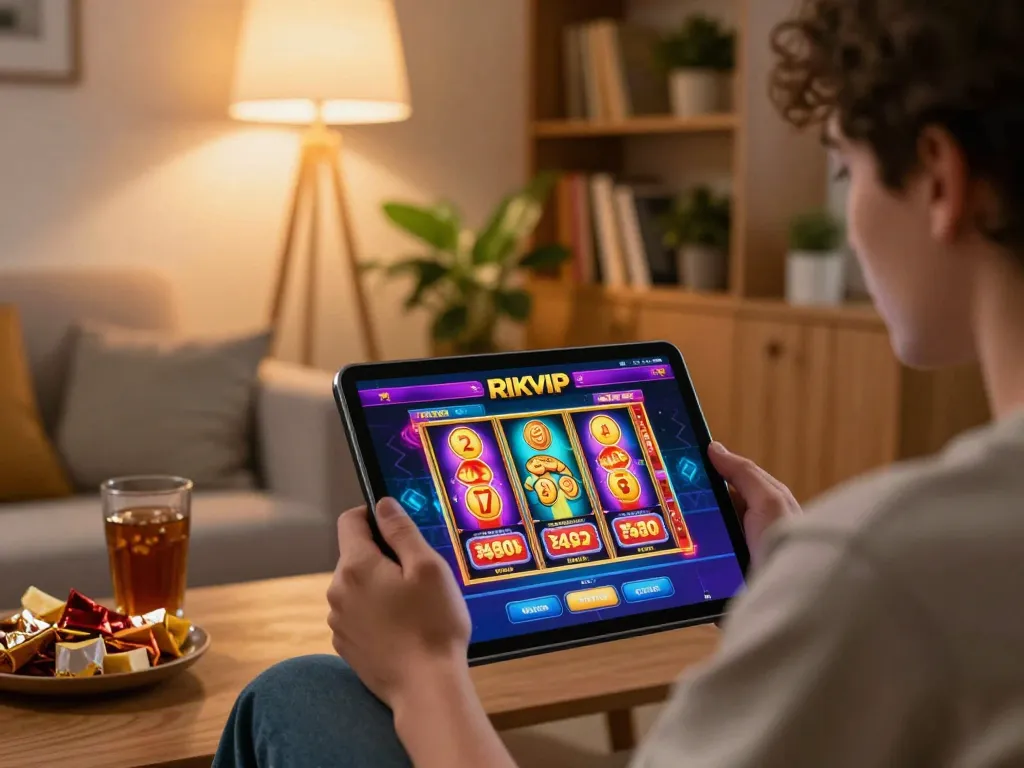 Player enjoying RIKVIP online gaming on tablet, showcasing vibrant slots action in cozy home setting