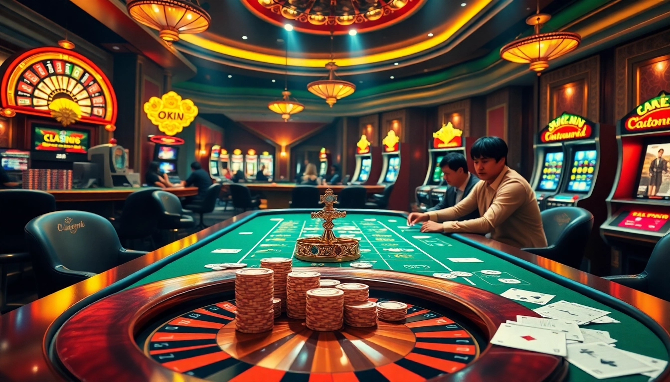 Experience the thrill of online gambling at Link OKFUN with an exciting casino scene featuring poker tables and slot machines.