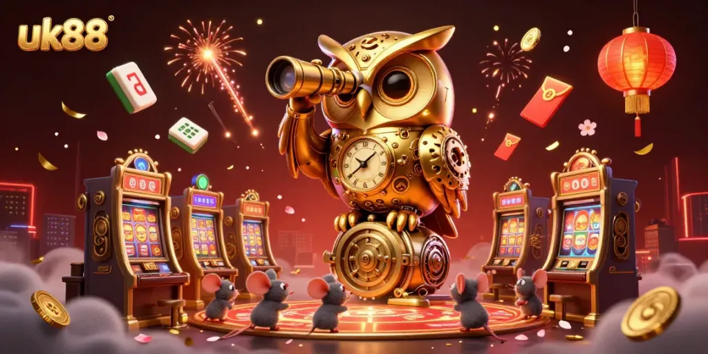 Experience excitement at uk88 with a dynamic casino scene featuring a golden owl and spinning slots.