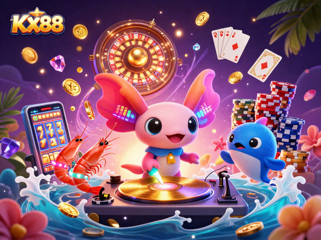 KX88 promotes excitement with a vibrant 3D casino scene showcasing unique characters and dynamic gaming elements.