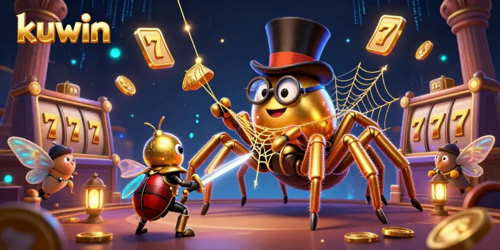 Kuwin’s giant tarantula character spins a web of gold in a casino-themed illustration.