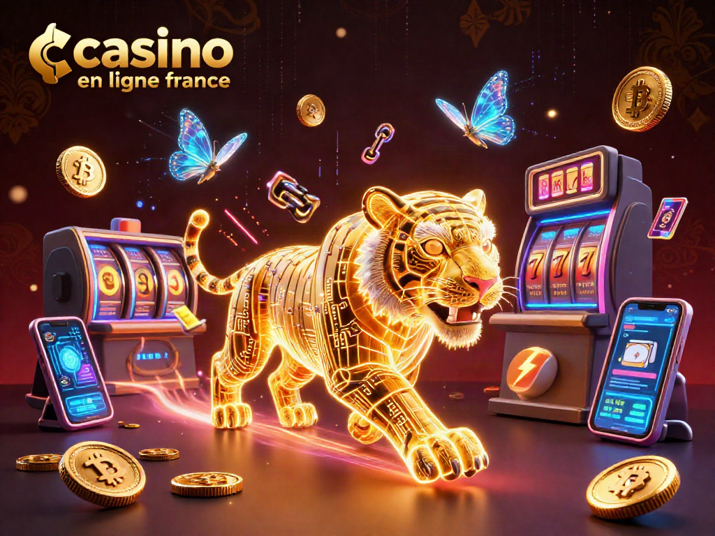 Jouer dans un casino en ligne France avec un tigre doré numérique et des éléments de crypto-monnaie.