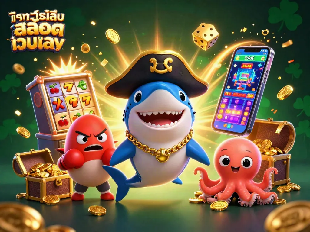 ทดลองเล่นสล็อตเว็บตรง กับภาพการ์ตูนฉลามทะเลถือเหรียญทองในคาสิโน
