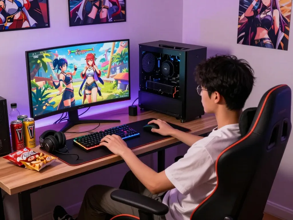 Gamer enjoying a hentai game in a cozy setup with RGB peripherals.
