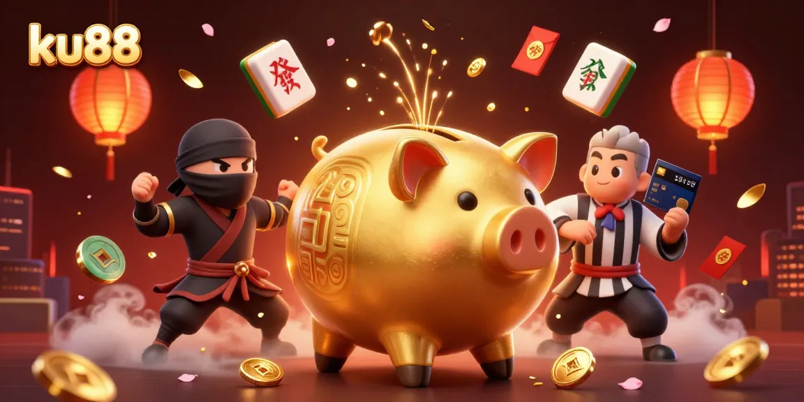 ku88 showcases a dynamic casino scene with a piggy bank wrestler and action-packed elements.