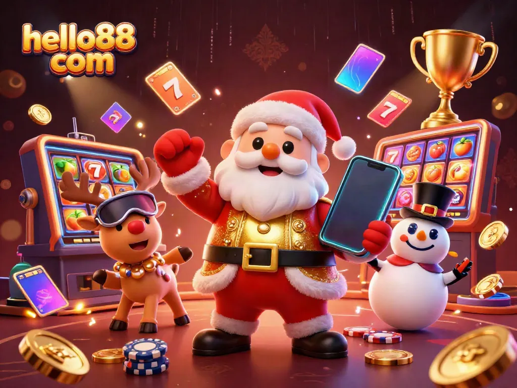 Experience thrilling gameplay with hello88 com as Santa, his reindeer, and a snowman celebrate in a vibrant casino setting.