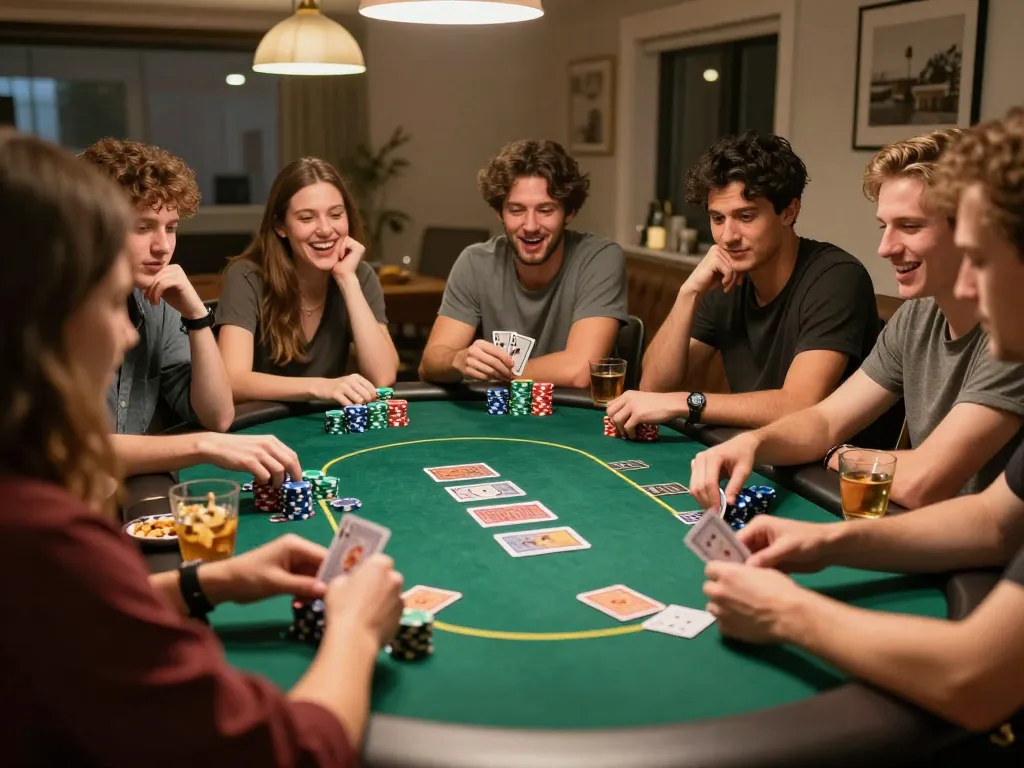 ฉากเกมโป๊กเกอร์ที่บ้านที่น่าสนใจ แสดงให้เห็นว่ามิตรสหายกำลังเล่น Texas Hold'em ที่โต๊ะพร้อมการดำเนินการผ่าน ทางเข้า m88