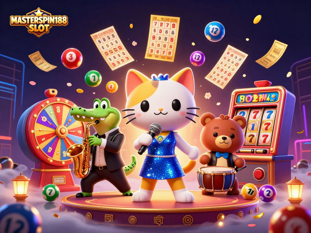 Engaging scene with MASTERSPIN188 SLOT, featuring a jazz-singer cat, saxophone crocodile, and drum bear cub in a vibrant casino