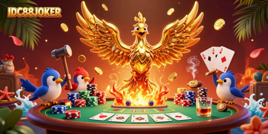 Experience vibrant gaming at IDC88JOKER with golden phoenix and poker scene highlighting winning moments.