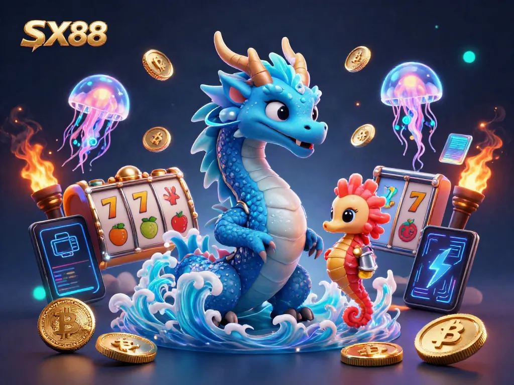 SX88 casino illustration showcasing an azure dragon and a seahorse knight in a vibrant slots scene.