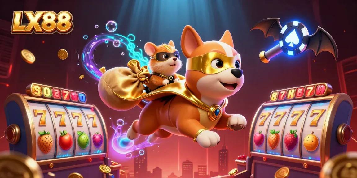 Engage with LX88's vibrant casino adventure, featuring a superhero dog and hamster amidst slot reels and gold coins.