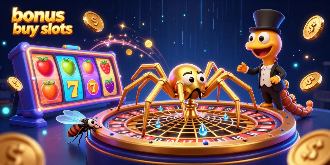 Experience thrilling bonus buy slots action with a golden spider and centipede croupier illustration.