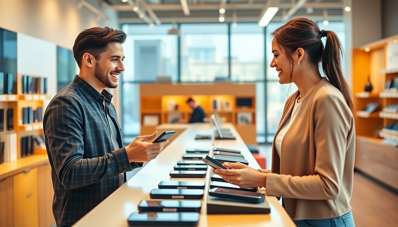 Cash For Phones Near Me interaction with customer and employee in bright store.