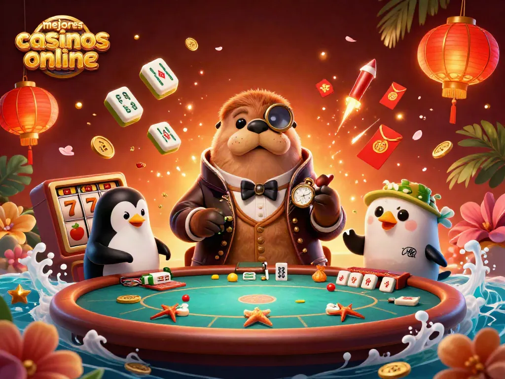 Reseña de los mejores casinos online: ilustración vibrante con personajes animados en un entorno de juego