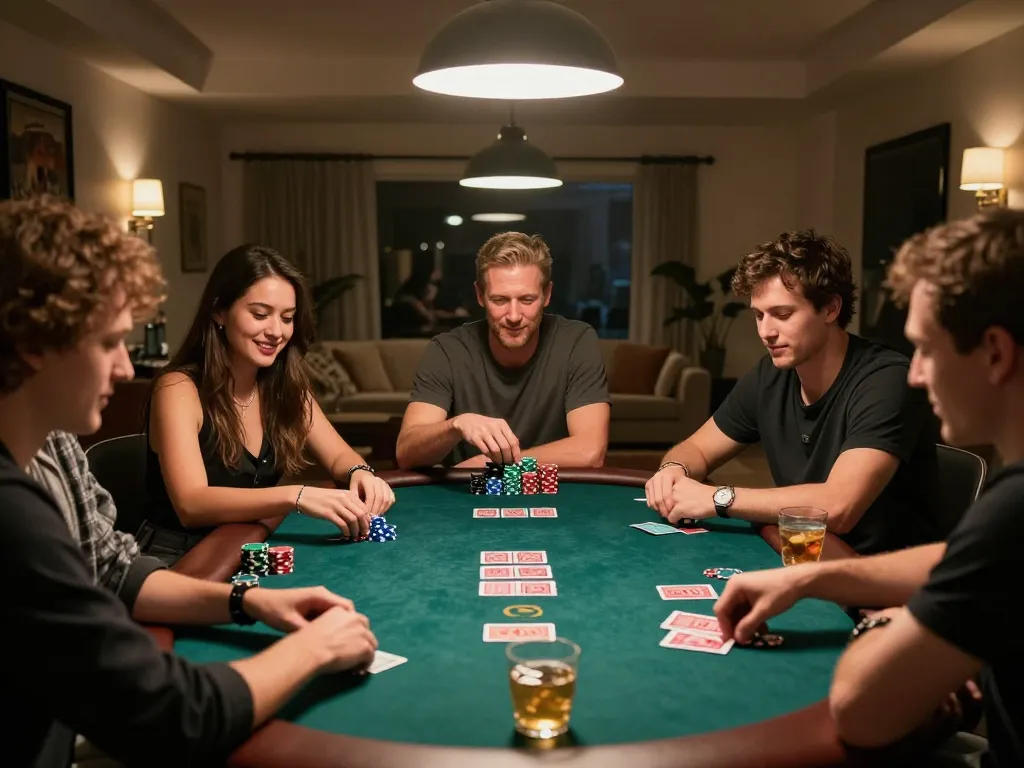 Engaging poker gameplay at home with AE888, showcasing friendly competition and strategic moments