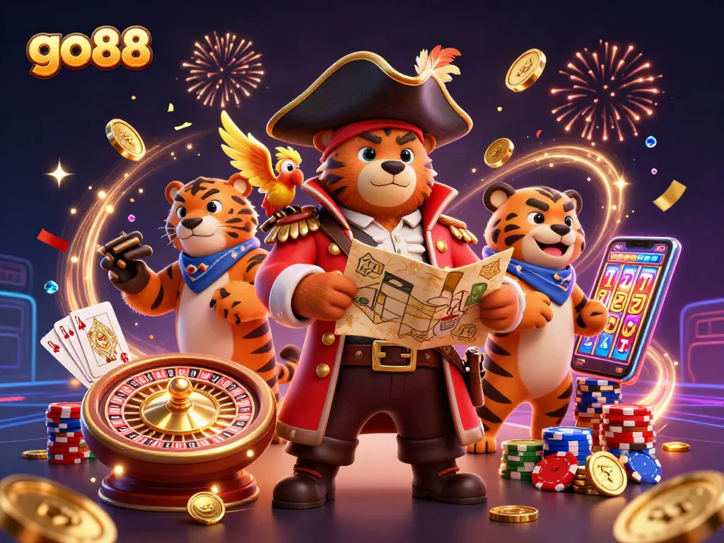 Engage with go88's vibrant casino scene featuring a pirate bear and a tiger, surrounded by colorful gaming elements.